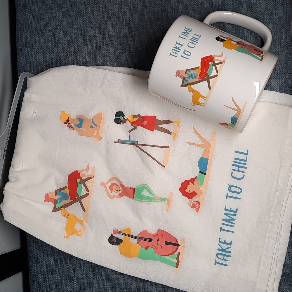 Coffee Tea Mug Cotton Kitchen Dish Towel Relax Chill Yoga Art Music Dog Gift Set